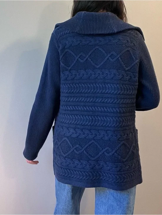 Nordstrom Collection Navy Cable Knit Cardigan Size L Sailor Collar Button-Up - Picture 3 of 7